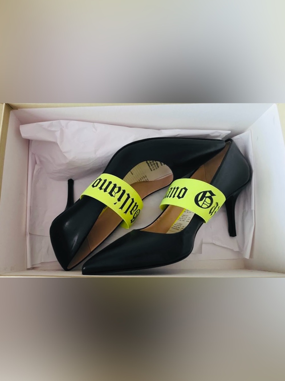 John Galliano Black Pointed Leather Heels with Neon Yellow Logo Strap NWT
